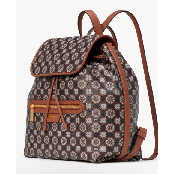 New Kate Spade Flower Monogram Coated Canvas Medium Backpack Black Multi - Picture 2 of 6